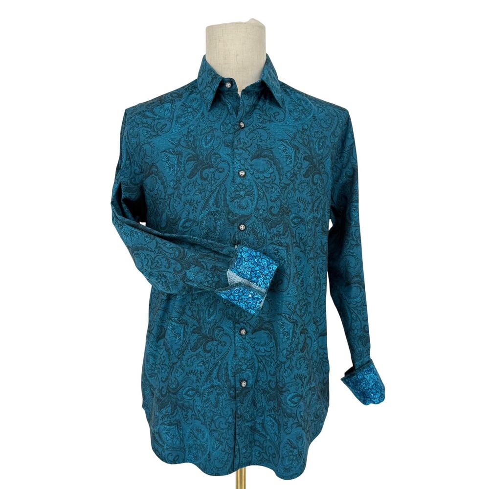 Robert Graham Woven Button Front Long Sleeve Shirt Andretti Teal Blue M